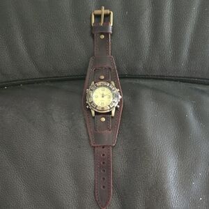 Men's Brown Leather Cuff Watch Strap with Silver-Tone Dial